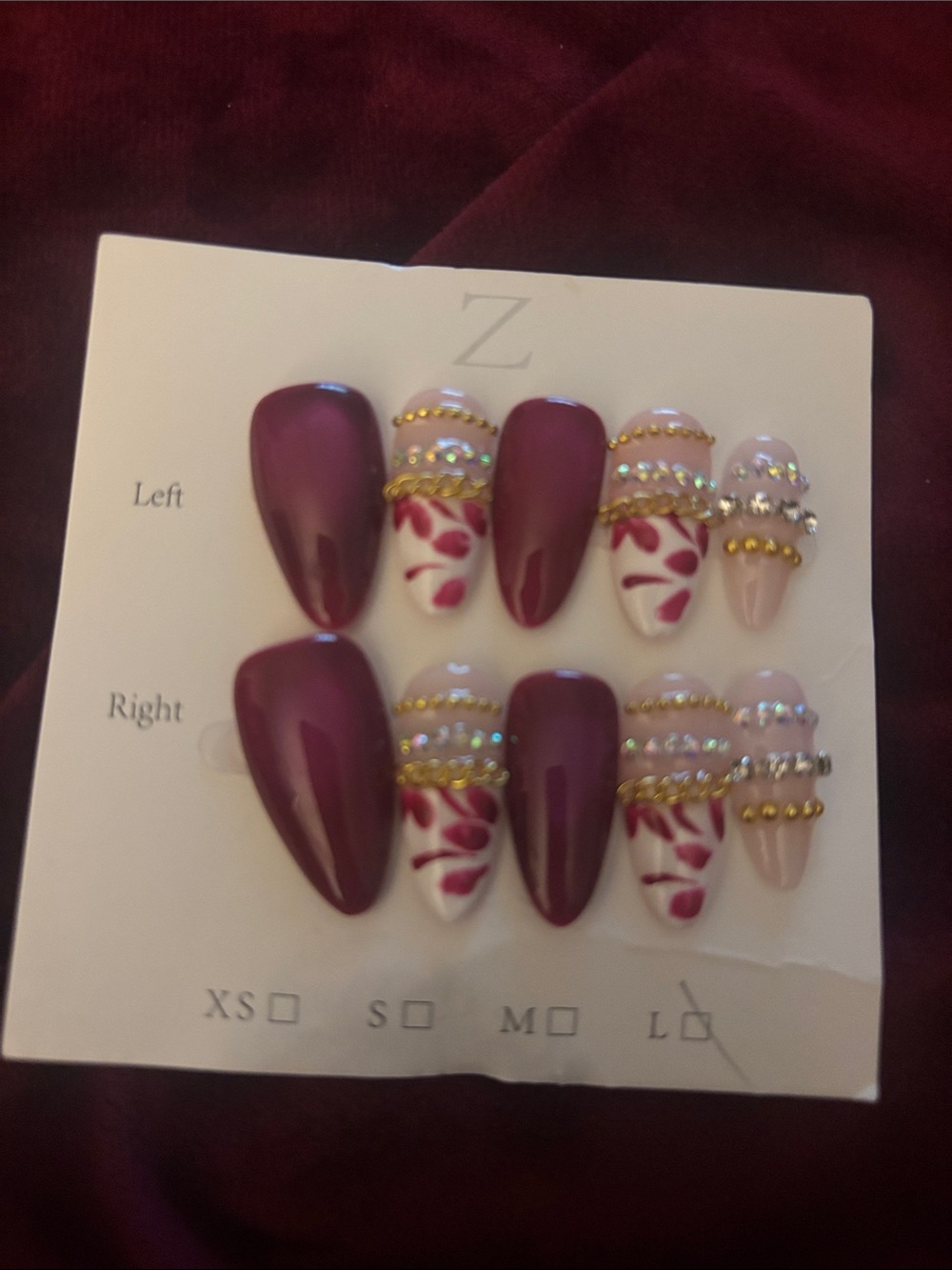 Press-On Nail Set - Burgundy Floral Accent with Gold & Rhinestone Trim